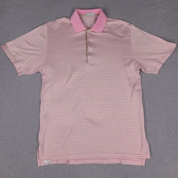 Vintage Peter Millar Polo Shirt Mens Medium Pink Brown Striped Short Sleeve Golf - Picture 1 of 12